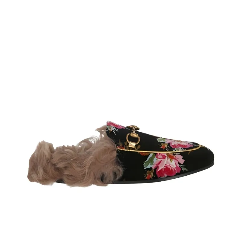 GUCCI Princetown Floral Print Slippers Black Gold Natural Women's-1