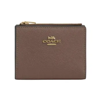 COACH Bifold Cross Grain Leather Wallet Mini Unisex Gold & Gold Stone Color