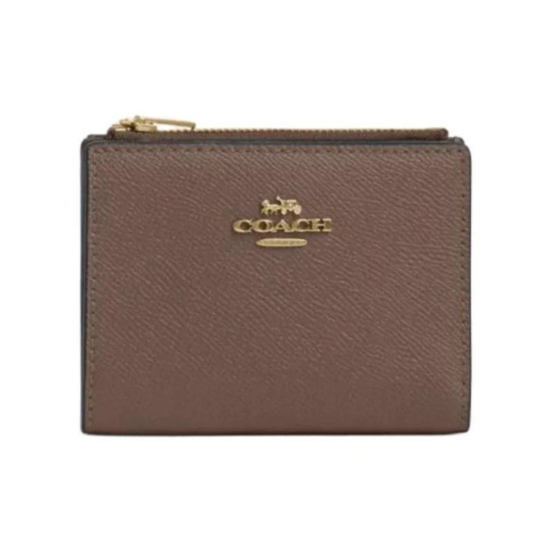 COACH Bifold Cross Grain Leather Wallet Mini Unisex Gold & Gold Stone Color-0
