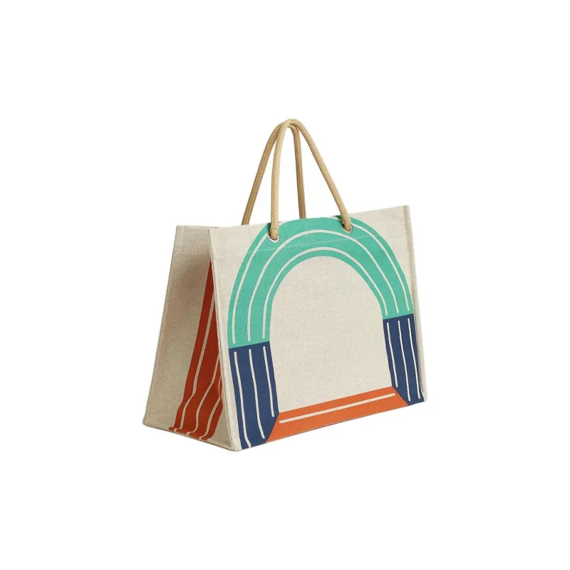 HERMES MAILLON MARIN Cotton Beach Bag, Tote Bag, Shopping Bag, Handbag Women's Light Green & Marine Blue & Brick Red-1