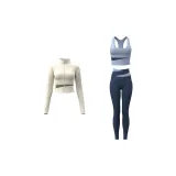 [Three-Piece Set]Ivory White Top+Gray Lake Blue Bra+Whale Blue Ankle-Length Pants
