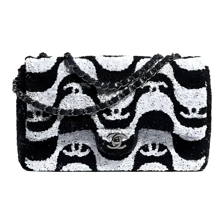 CHANEL Sequins & Rhodium Metal Crossbody Bag, Shoulder Bag Trumpets Women's White & Black-0