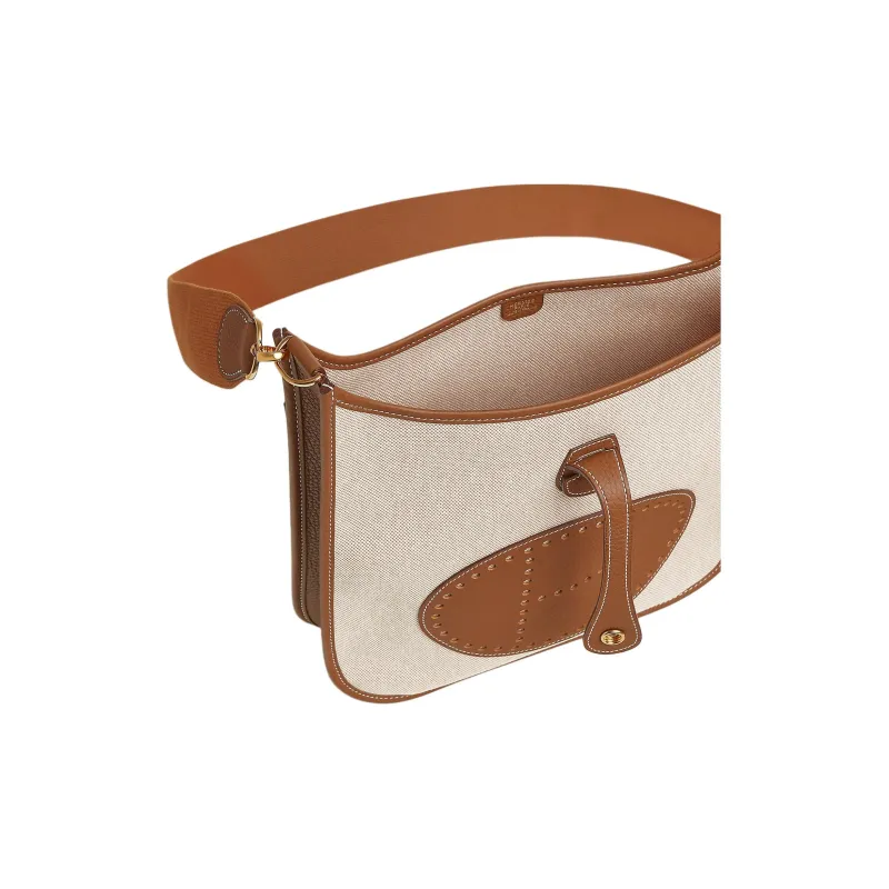HERMES Evelyne Canvas With Clemence Bullock Leather Shoulder Bag Women's Brown & Beige-3