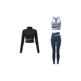 [Three-Piece Set]Starburst Black Coat+Lake Gray Bra+Whale Blue Ankle-Length Pants
