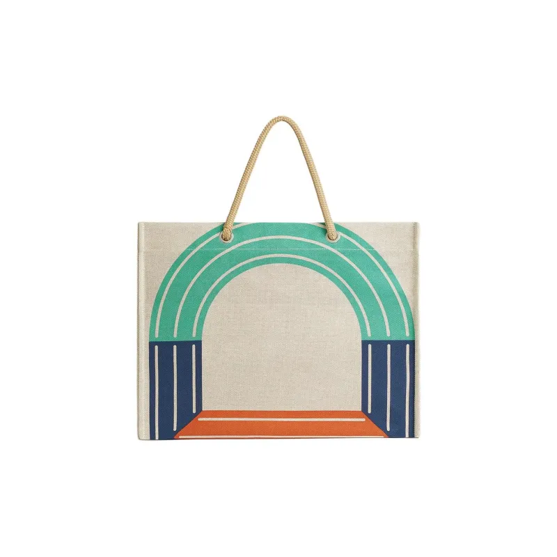 HERMES MAILLON MARIN Cotton Beach Bag, Tote Bag, Shopping Bag, Handbag Women's Light Green & Marine Blue & Brick Red-0