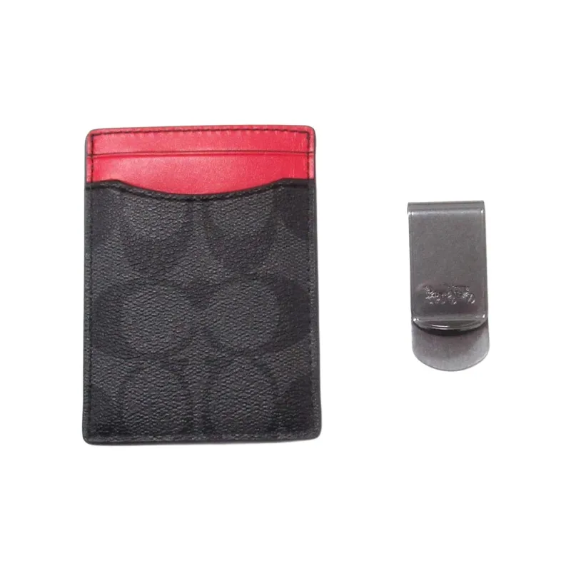 COACH 3 IN 1 Wallet Canvas With Calfskin ID Holder Card Sleeve Card Clip Card Holder Mini Men's Charcoal Bright Beige-1