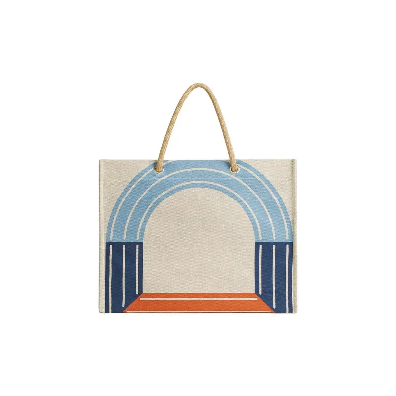 HERMES MAILLON MARIN Cotton Beach Bag, Tote Bag, Shopping Bag, Handbag Women's Light Green & Marine Blue & Brick Red-2