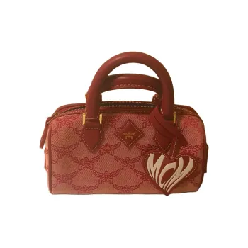 MCM Jacquard With Calfskin Trim Boston Bag, One Shoulder Handbag Mini Women's Red