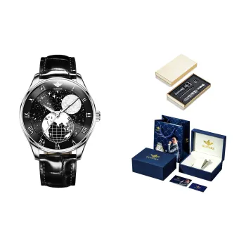 Oupinke Starry Sea Collection Mechanical Movement Leather Watch Bands Watch Men's Watches Black Dial