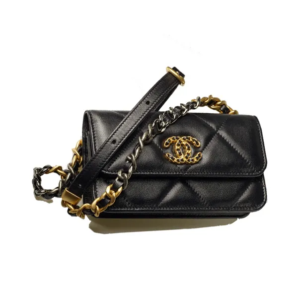 CHANEL 19Bag Sheepskin Fanny Pack, Shoulder Bag, Cell Phone Pouch, Crossbody Bag Women's Black-2