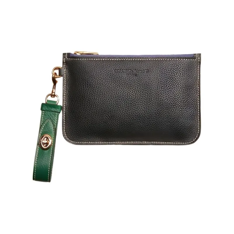 COACH Turnlock Litchi Grain Leather Wallet Card Holder Wrist Bag Clutch Small Size Women's Black & Green-0