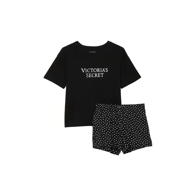 Victoria's Secret Cotton Short Tee Jama Set/Black Hearts Pajama Set Women's Black-0