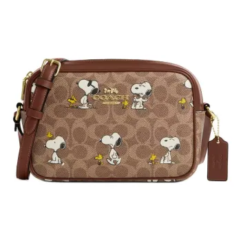 COACH PEANUTS Collaboration Jamie Coated Canvas Camera Bag, Shoulder Bag Medium Size Women's Tan & Brown Multicolor