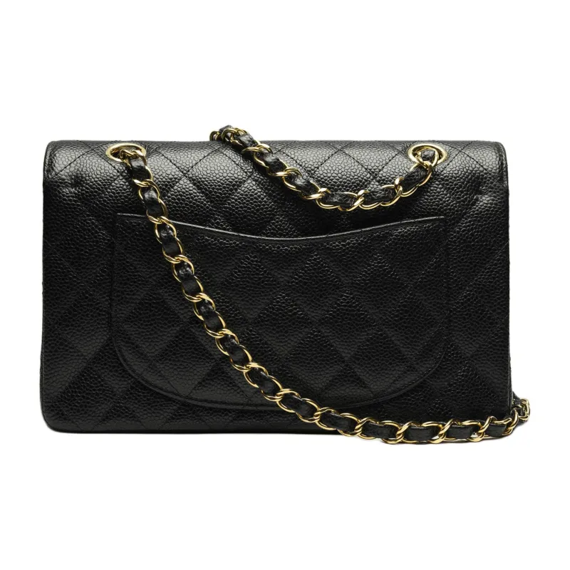 CHANEL Classic Double Flap Quilted Caviar Gold-tone Small Black-3