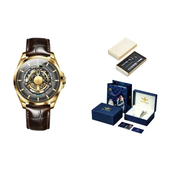 Oupinke Sky Eye Collection Mechanical Movement Leather Strap Watch Men's Watches Black Dial