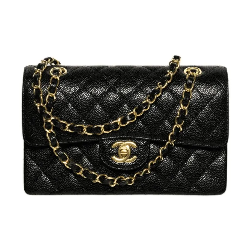 CHANEL Classic Double Flap Quilted Caviar Gold-tone Small Black-0