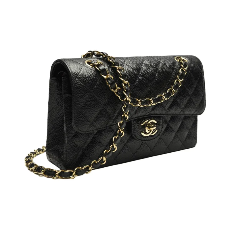 CHANEL Classic Double Flap Quilted Caviar Gold-tone Small Black-2