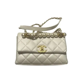 CHANEL Lambskin One Shoulder Handbag Women's Pearl White