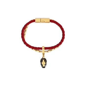 BVLGARI Calfskin Brass Metal Enamel Cow Leather Bracelets Women's Red