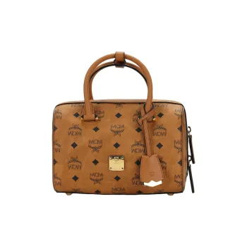 MCM ArenOriginal Visetos Leather Trim Boston Bag, Portable Crossbody Bag, Shoulder Bag Unisex Brown Cognac