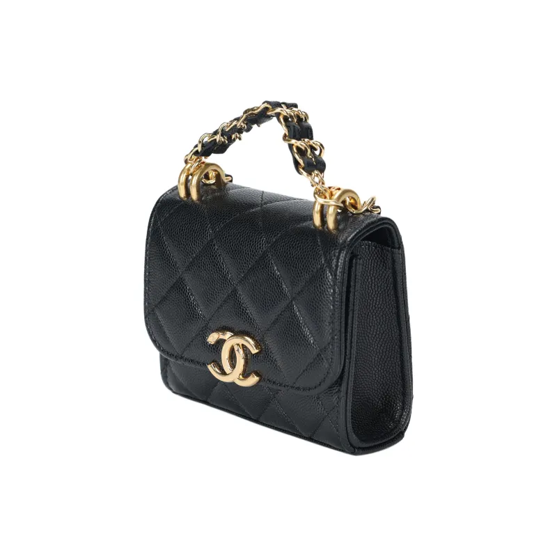 CHANEL 22K Autumn And Winter Litchi Cow Leather Flap Bag Crossbody One Shoulder Handbag Women's Black-1