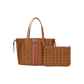 MCM Liz Visetos Canvas With Leather Trim Tote Bag, Shopping Bag, Shoulder Bag Medium Size Women's Brown Cognac