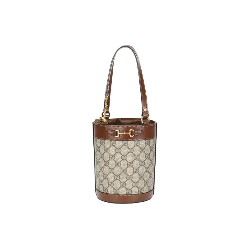 GUCCI Horsebit 1955 Canvas With Leather Bucket Bag, Handbag, Shoulder Bag Women's Ebony & Brown-0