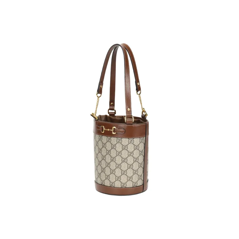GUCCI Horsebit 1955 Canvas With Leather Bucket Bag, Handbag, Shoulder Bag Women's Ebony & Brown-1