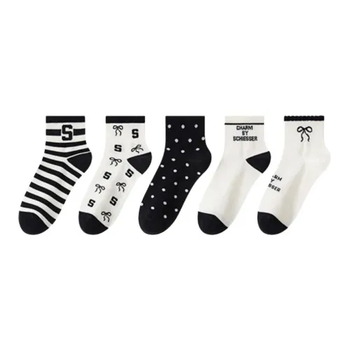 Shuya 화이트+화이트 도트+화이트 나비+화이트 줄무늬+화이트 텍스트 어머니 여성 크루 삭스