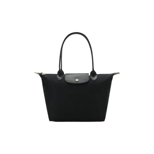 롱샴 Le Pliage 그린 친환경 캔버스+가죽 트림 만두백 핸드백, 숄더 백 M 남녀공용 블랙