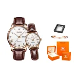Rose Case White Dial Brown Leather Couple Gift Box Set