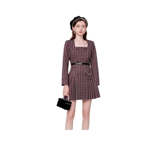 Caroline 레드 체크 여성 긴팔 원피스