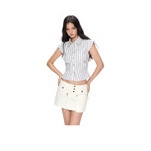 APEA 블랙 화이트 스트라이프 패턴 여성 셔츠