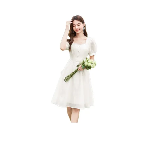 XIANGYING 아이보리 여성 반팔 원피스