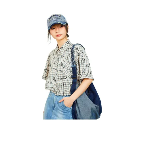 MUGUOGUOMU 베이지 블루 체크 여성 셔츠