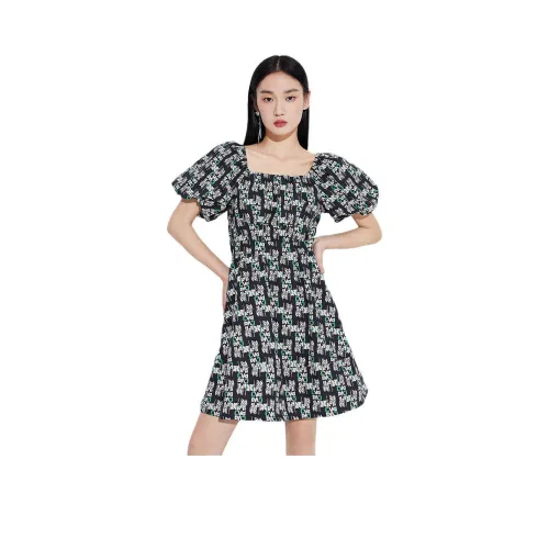 CoLove 블랙 프린트 여성 반팔 원피스