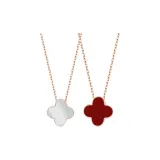 18K Gold Double-Sided Four-Leaf Clover Necklace (Red White)