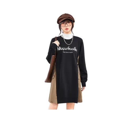MUGUOGUOMU 블랙 여성 긴팔 원피스