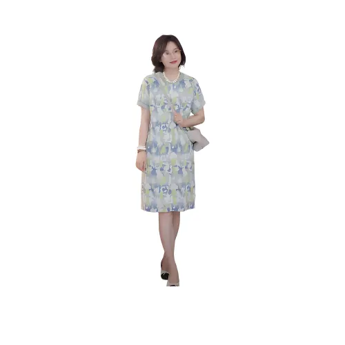 RUIENCO. 세그먼트 염색 배색 세서미 도트 자카드 여성 반팔 원피스