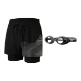 (2-Piece Set) Black Silver Swimming Shorts+Swim Goggles