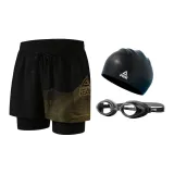 (Set of 3) Black Yellow Swimming Shorts+Swim Goggles+Swimming Cap