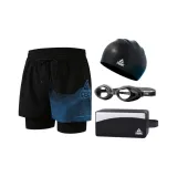 (4 Pcs Set) Black Blue Swimming Shorts+Swim Goggles+Swimming Cap+Swim Bag