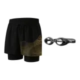 (2-Piece Set) Black Yellow Swimming Shorts+Swim Goggles