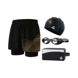 (4 Pcs Set) Black Yellow Swimming Shorts+Swim Goggles+Swimming Cap+Swim Bag