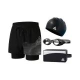 (4 Pcs Set) Black Silver Swimming Shorts+Swim Goggles+Swimming Cap+Swim Bag