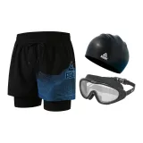 Black Blue Swimming Shorts+Large Frame Swim Goggles+Swimming Cap