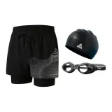 (Set of 3) Black Silver Swimming Shorts+Swim Goggles+Swimming Cap