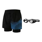(2-Piece Set) Black Blue Swimming Shorts+Swim Goggles