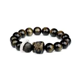 Gold Sheen Obsidian Lion Sterling Silver Running Ring Beaded Bracelet