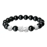 999 Fine Silver-Obsidian Chinese Auspicious Animal Beaded Bracelet, Silver